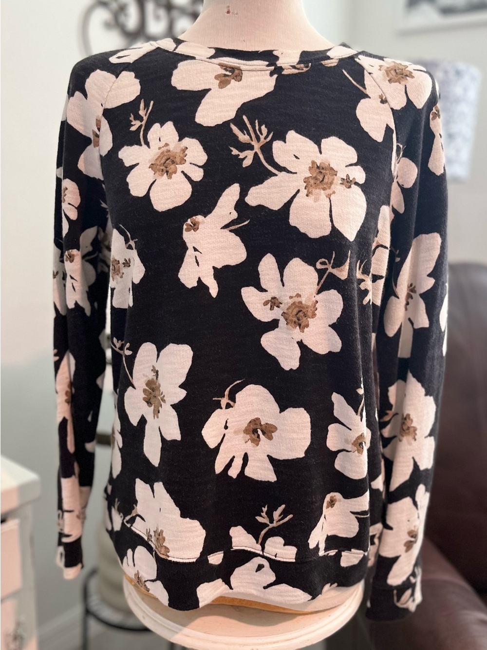 LOFT Black Crewneck Sweater with Blush Floral Print